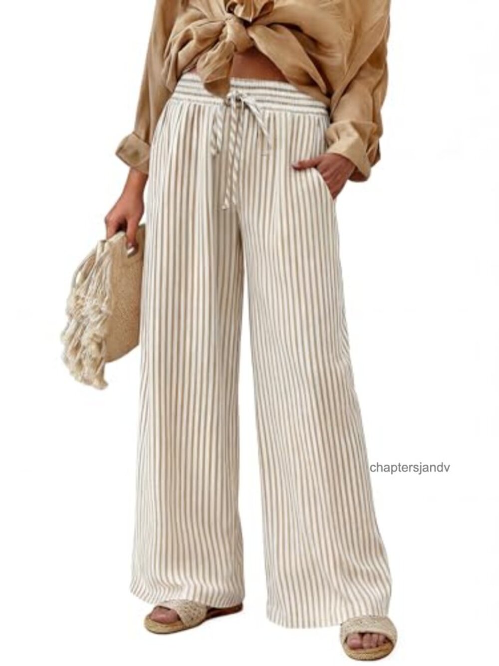 Womens Cotton Blend Striped Wide Leg Palazzo Pants High Waisted Drawstring